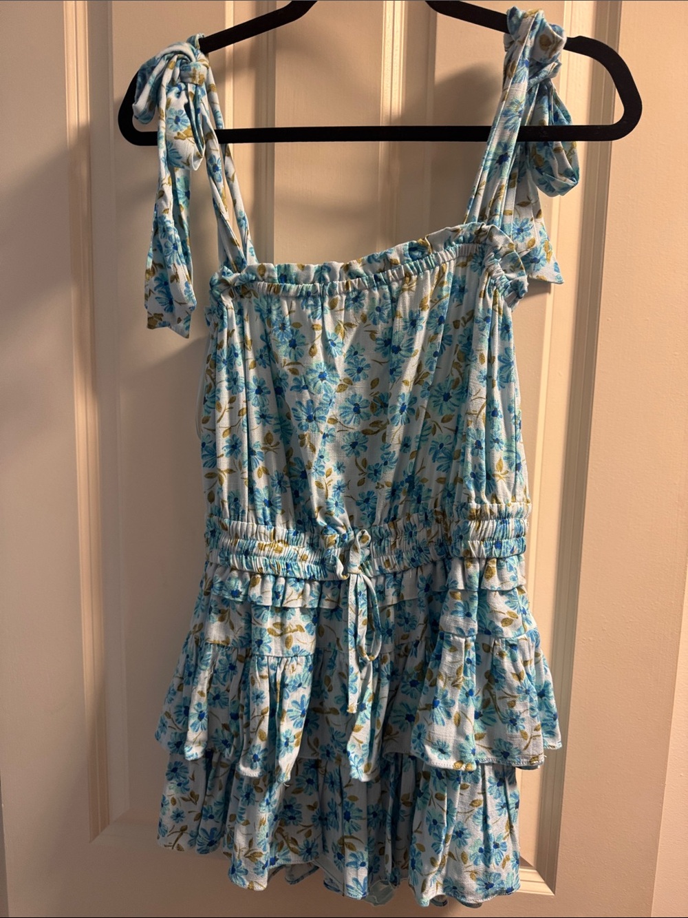 Blue Floral Tie-Shoulder Ruffled Romper